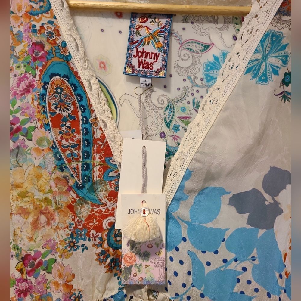 Johnny Was "Milana" Tiered Floral-print Maxi Dress/Duster with Lace Trim | L - Picture 9 of 15